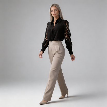 Mujer Blusa de manga larga con detalles calados y cuello camisero-Blouse for women-Casaluzia