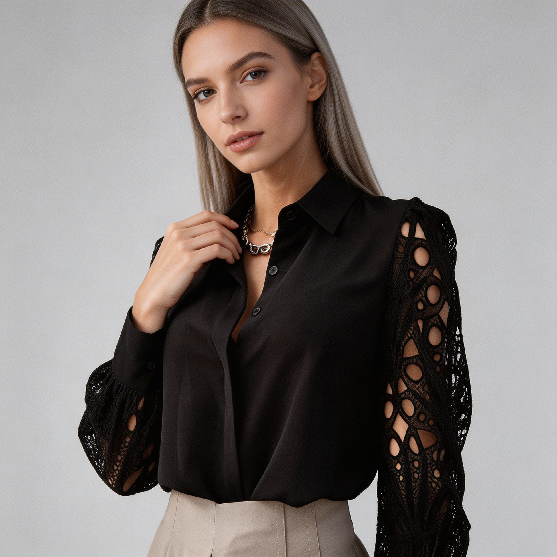 Mujer Blusa de manga larga con detalles calados y cuello camisero-Blouse for women-Casaluzia