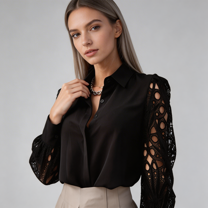 Mujer Blusa de manga larga con detalles calados y cuello camisero-Blouse for women-Casaluzia