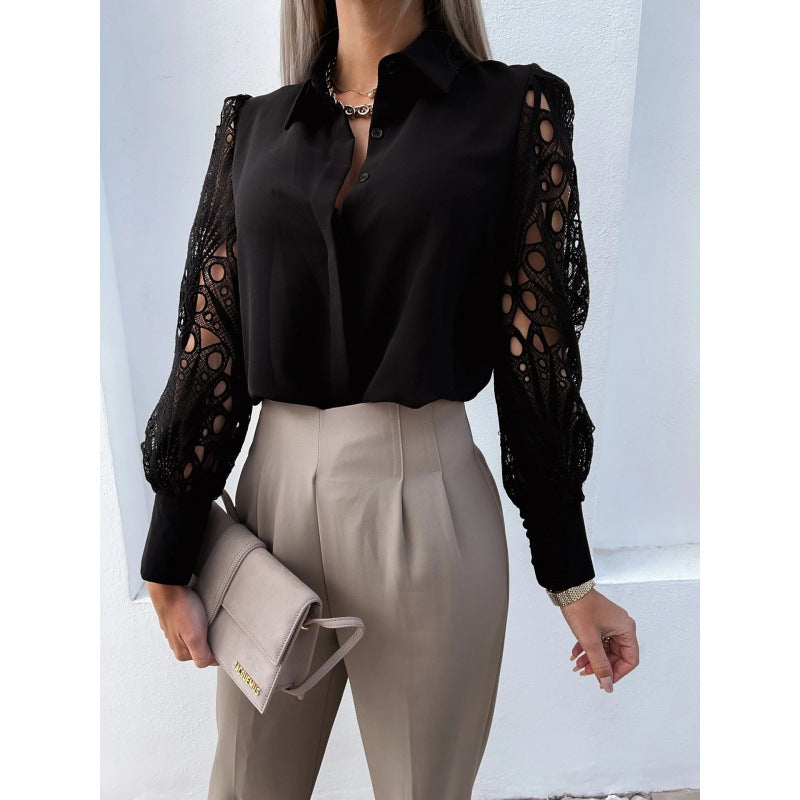 Mujer Blusa de manga larga con detalles calados y cuello camisero-Blouse for women-Casaluzia