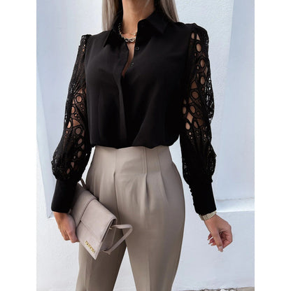 Mujer Blusa de manga larga con detalles calados y cuello camisero-Blouse for women-Casaluzia