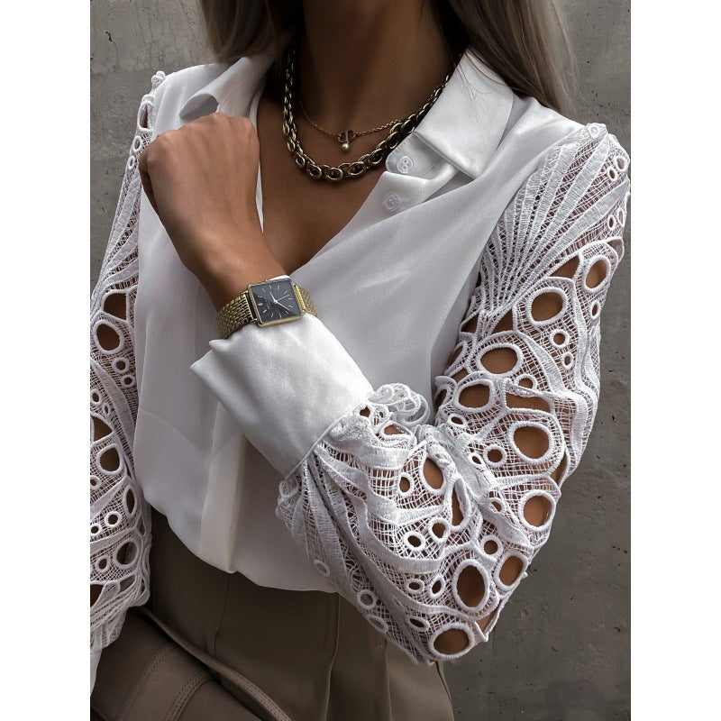 Mujer Blusa de manga larga con detalles calados y cuello camisero-Blouse for women-Casaluzia
