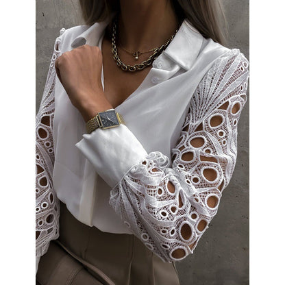 Mujer Blusa de manga larga con detalles calados y cuello camisero-Blouse for women-Casaluzia