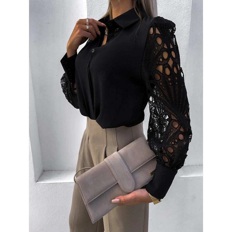 Mujer Blusa de manga larga con detalles calados y cuello camisero-Blouse for women-Casaluzia