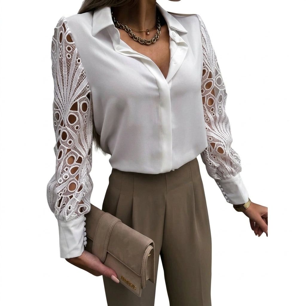 Mujer Blusa de manga larga con detalles calados y cuello camisero-Blouse for women-Casaluzia