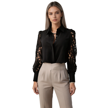 Mujer Blusa de manga larga con detalles calados y cuello camisero-Blouse for women-Casaluzia