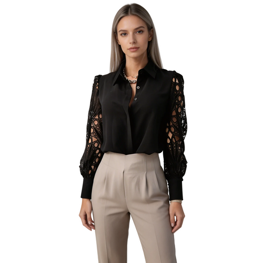 Mujer Blusa de manga larga con detalles calados y cuello camisero-Blouse for women-Casaluzia
