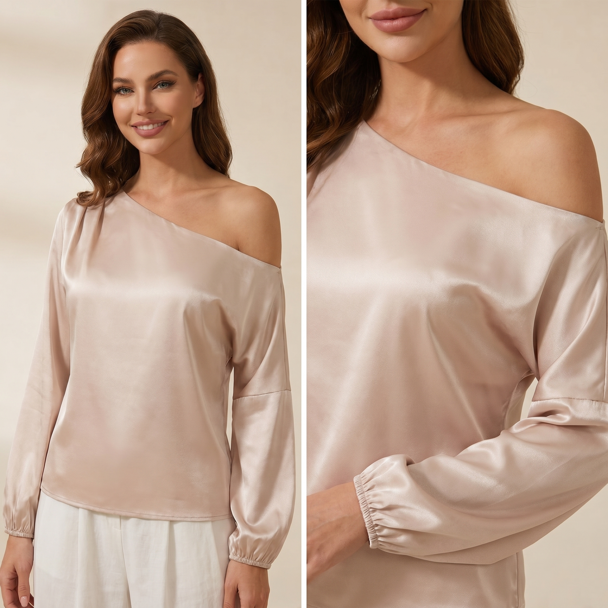 Mujer Blusa de un Hombro con Manga Abullonada y Cuello Asimétrico-Blouse for women-Casaluzia