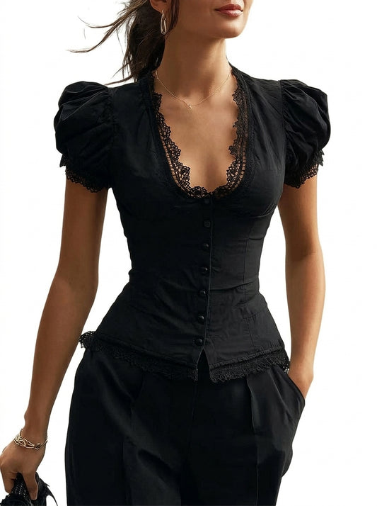 Mujer Blusa Mangas Abullonadas Cuello en V Ribete de Encaje Botones Frontales-Blouses for women-Casaluzia