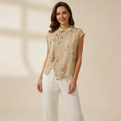 Mujer Blusa sin mangas con cuello mandarín y cierre de botones asimétrico-Blouse for women-Casaluzia
