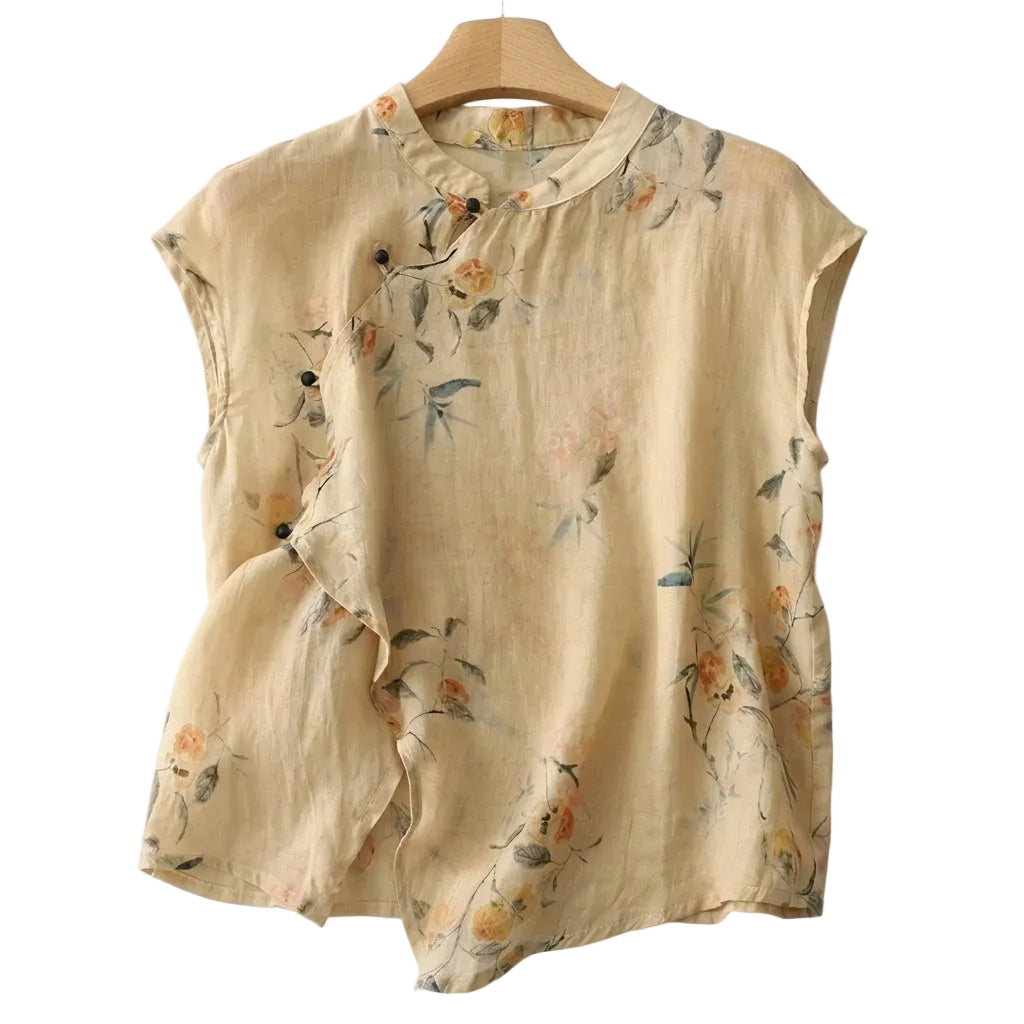 Mujer Blusa sin mangas con cuello mandarín y cierre de botones asimétrico-Blouse for women-Casaluzia