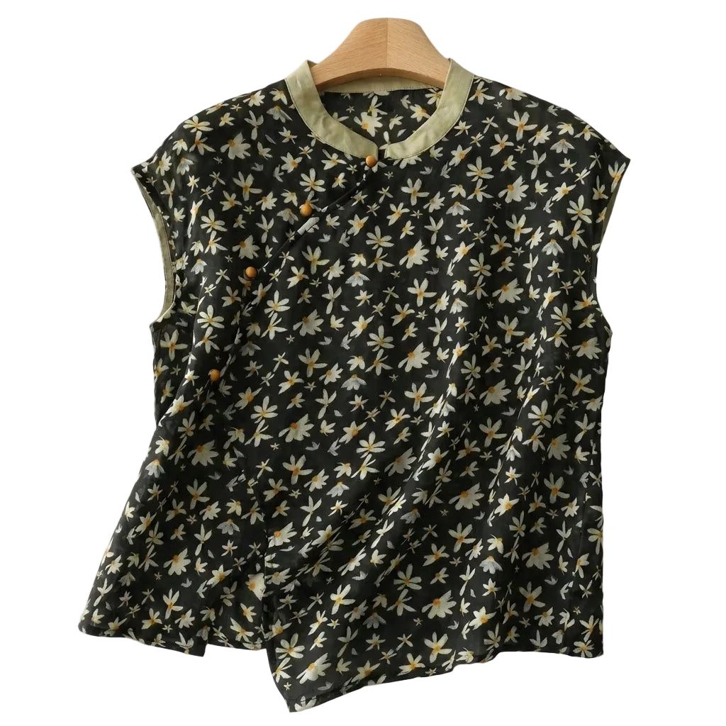 Mujer Blusa sin mangas con cuello mandarín y cierre de botones asimétrico-Blouse for women-Casaluzia