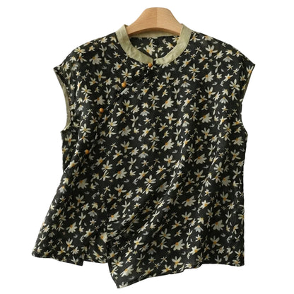 Mujer Blusa sin mangas con cuello mandarín y cierre de botones asimétrico-Blouse for women-Casaluzia