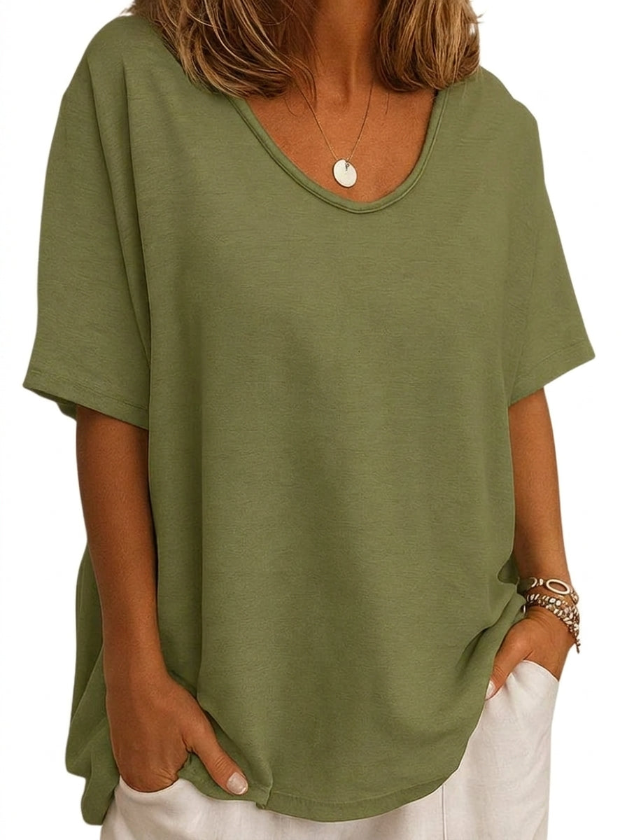 Mujer Camiseta de manga corta con cuello en V y silueta holgada-T-shirt for women-Casaluzia