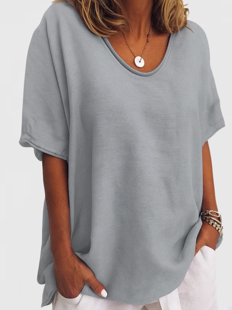 Mujer Camiseta de manga corta con cuello en V y silueta holgada-T-shirt for women-Casaluzia