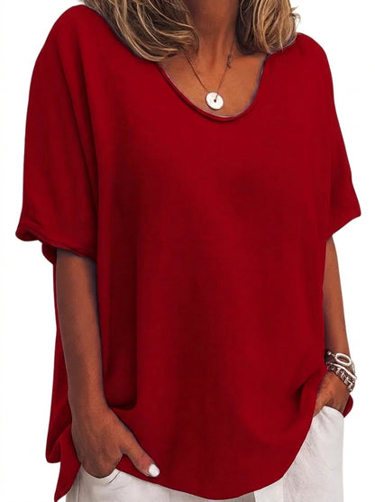 Mujer Camiseta de manga corta con cuello en V y silueta holgada-T-shirt for women-Casaluzia