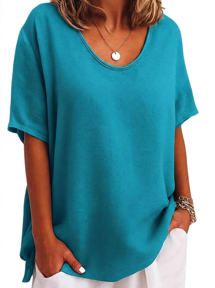 Mujer Camiseta de manga corta con cuello en V y silueta holgada-T-shirt for women-Casaluzia