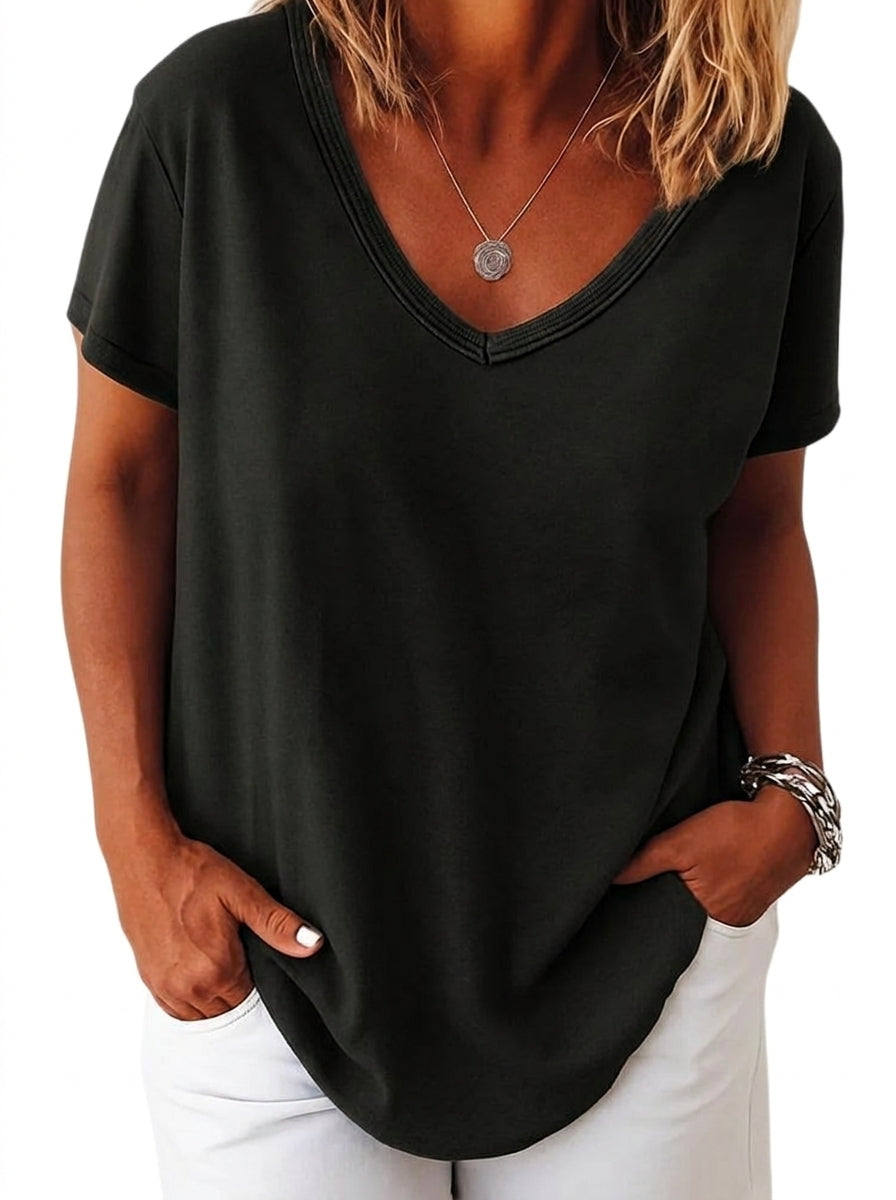 Mujer Camiseta de manga corta con cuello en V y silueta holgada-T-shirt for women-Casaluzia