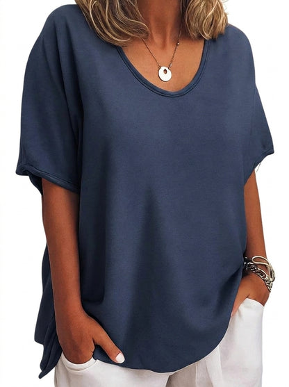 Mujer Camiseta de manga corta con cuello en V y silueta holgada-T-shirt for women-Casaluzia