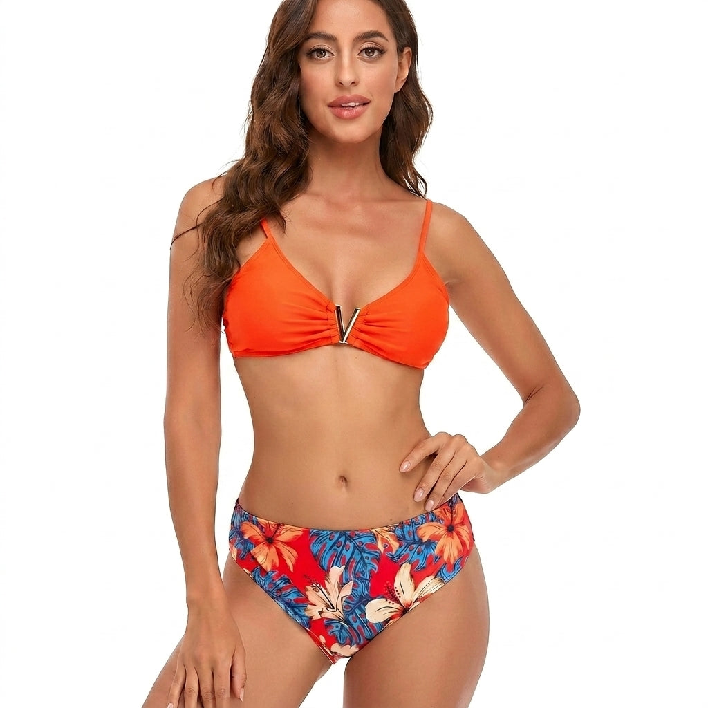 Mujer Conjunto de Bikini con Escote en V y Blusa de Manga Larga con Estampado Floral-Swimwear for women-Casaluzia