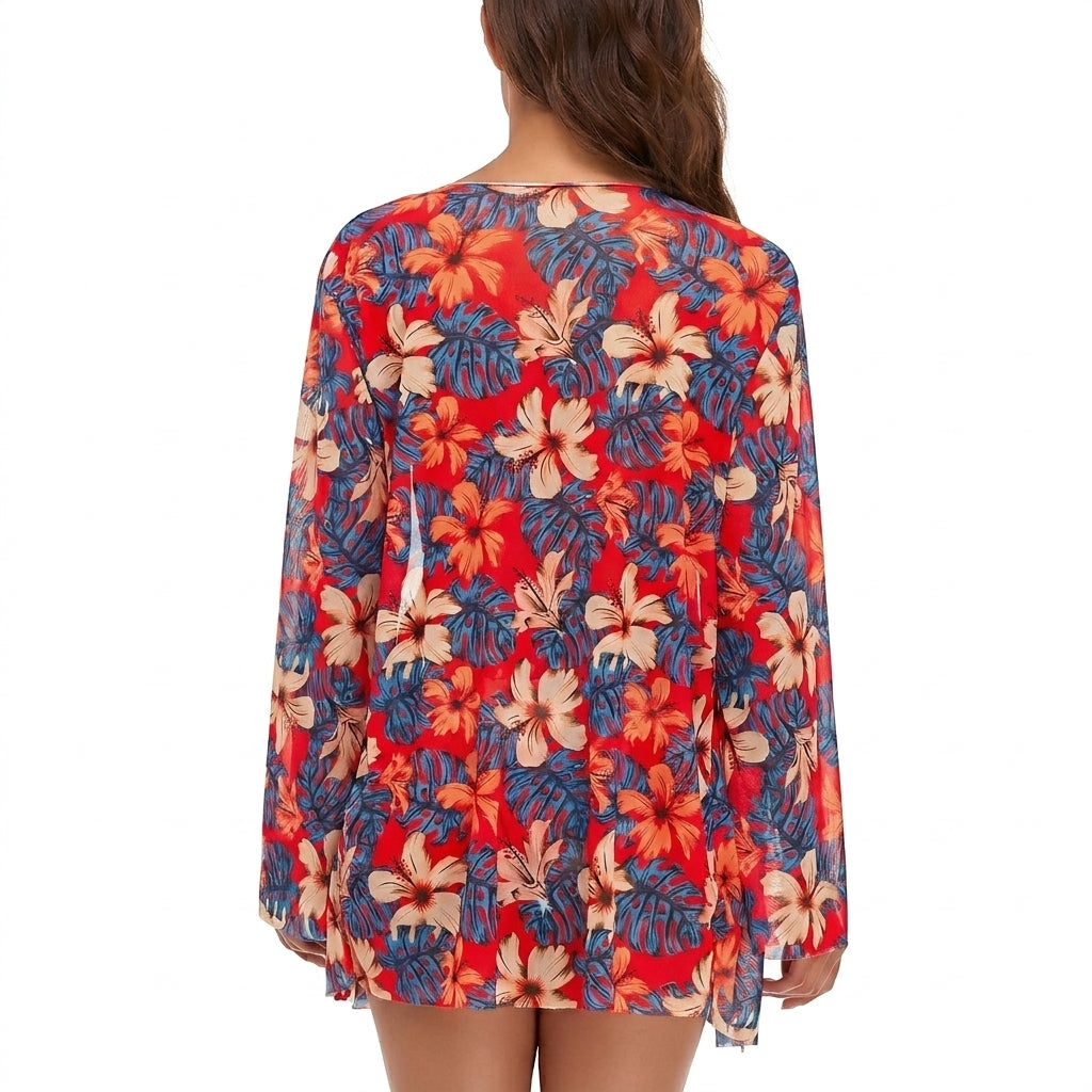 Mujer Conjunto de Bikini con Escote en V y Blusa de Manga Larga con Estampado Floral-Swimwear for women-Casaluzia