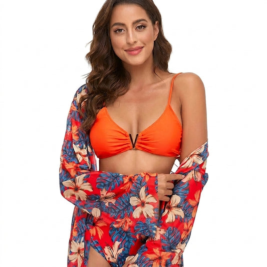 Mujer Conjunto de Bikini con Escote en V y Blusa de Manga Larga con Estampado Floral-Swimwear for women-Casaluzia