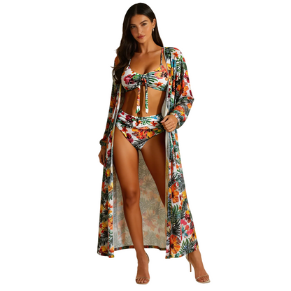 Mujer Conjunto de bikini de tres piezas con top de nudo frontal, braga de talle alto y bata larga-Swimwear for women-Casaluzia