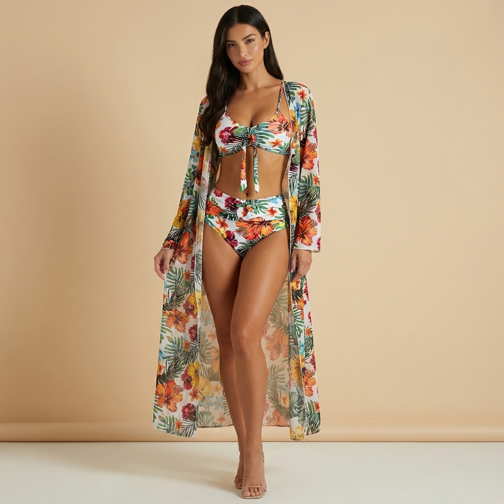 Mujer Conjunto de bikini de tres piezas con top de nudo frontal, braga de talle alto y bata larga-Swimwear for women-Casaluzia