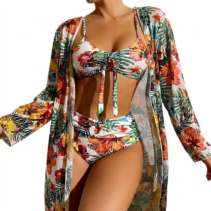 Mujer Conjunto de bikini de tres piezas con top de nudo frontal, braga de talle alto y bata larga-Swimwear for women-Casaluzia