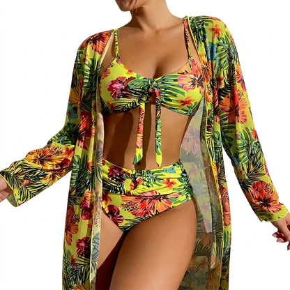 Mujer Conjunto de bikini de tres piezas con top de nudo frontal, braga de talle alto y bata larga-Swimwear for women-Casaluzia