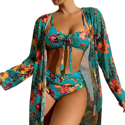 Mujer Conjunto de bikini de tres piezas con top de nudo frontal, braga de talle alto y bata larga-Swimwear for women-Casaluzia