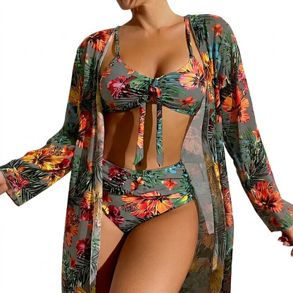 Mujer Conjunto de bikini de tres piezas con top de nudo frontal, braga de talle alto y bata larga-Swimwear for women-Casaluzia