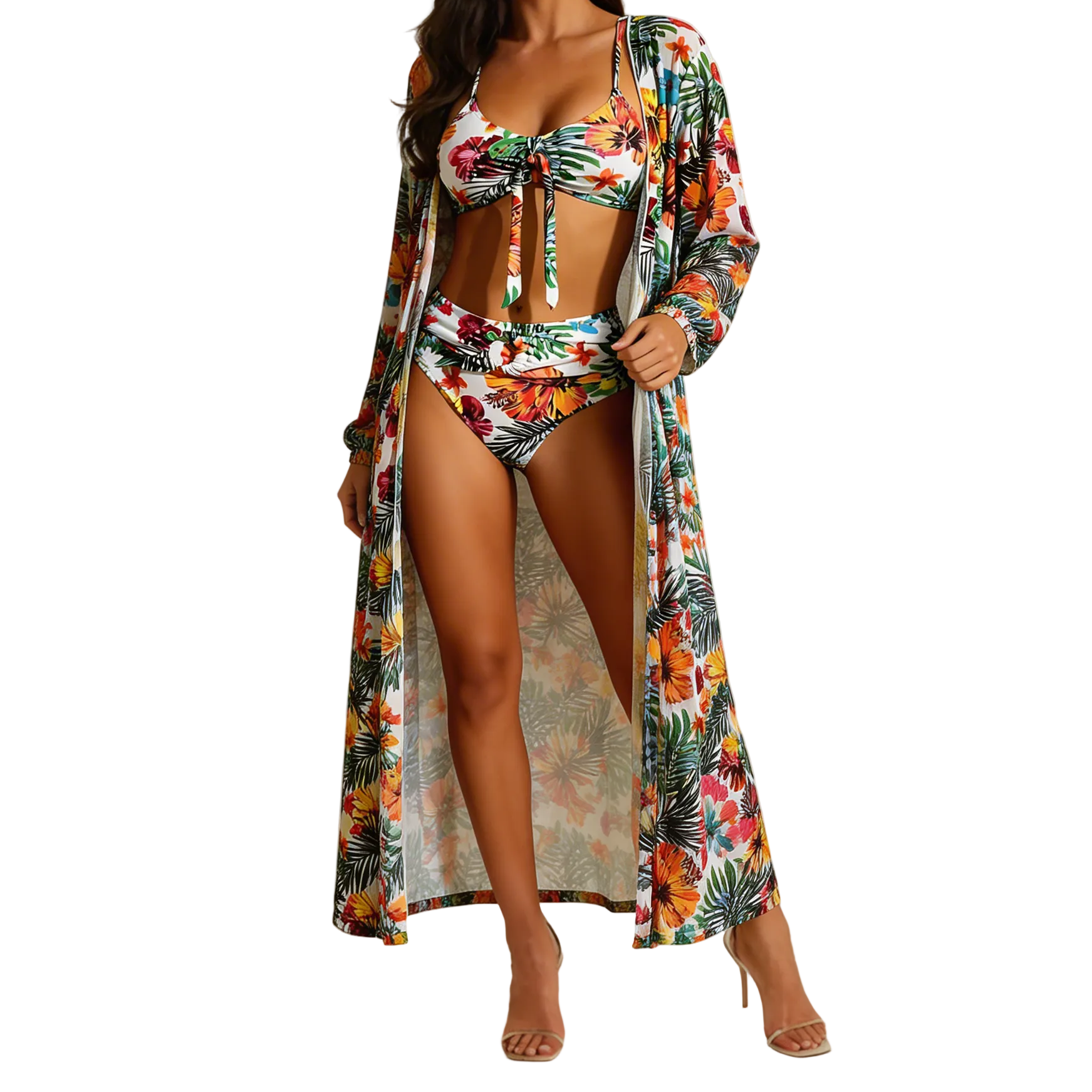 Mujer Conjunto de bikini de tres piezas con top de nudo frontal, braga de talle alto y bata larga-Swimwear for women-Casaluzia