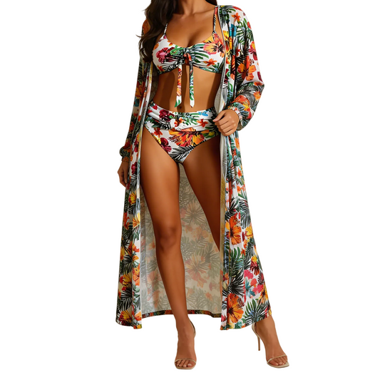 Mujer Conjunto de bikini de tres piezas con top de nudo frontal, braga de talle alto y bata larga-Swimwear for women-Casaluzia