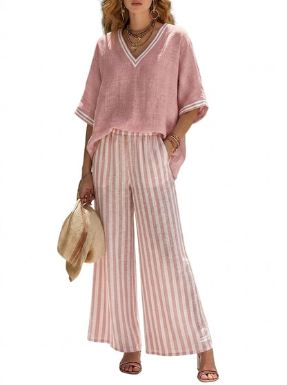 Mujer Conjunto de blusa con cuello en V y pantalones de pernera ancha con patrón de rayas-Sets for women-Casaluzia