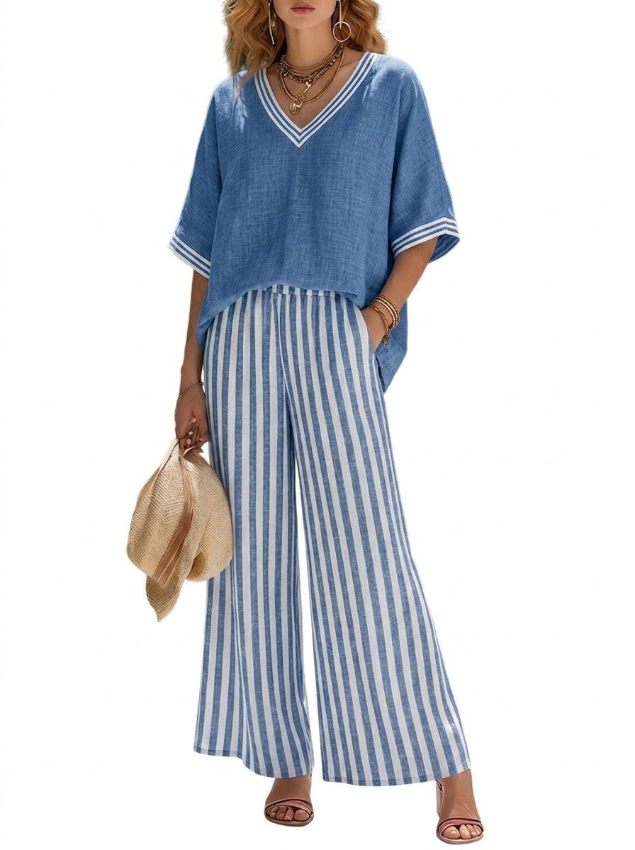 Mujer Conjunto de blusa con cuello en V y pantalones de pernera ancha con patrón de rayas-Sets for women-Casaluzia