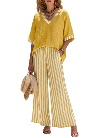 Mujer Conjunto de blusa con cuello en V y pantalones de pernera ancha con patrón de rayas-Sets for women-Casaluzia