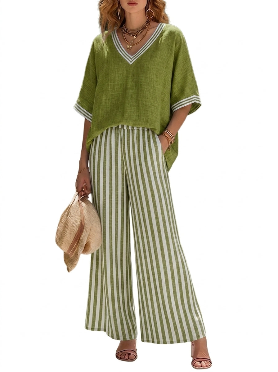 Mujer Conjunto de blusa con cuello en V y pantalones de pernera ancha con patrón de rayas-Sets for women-Casaluzia