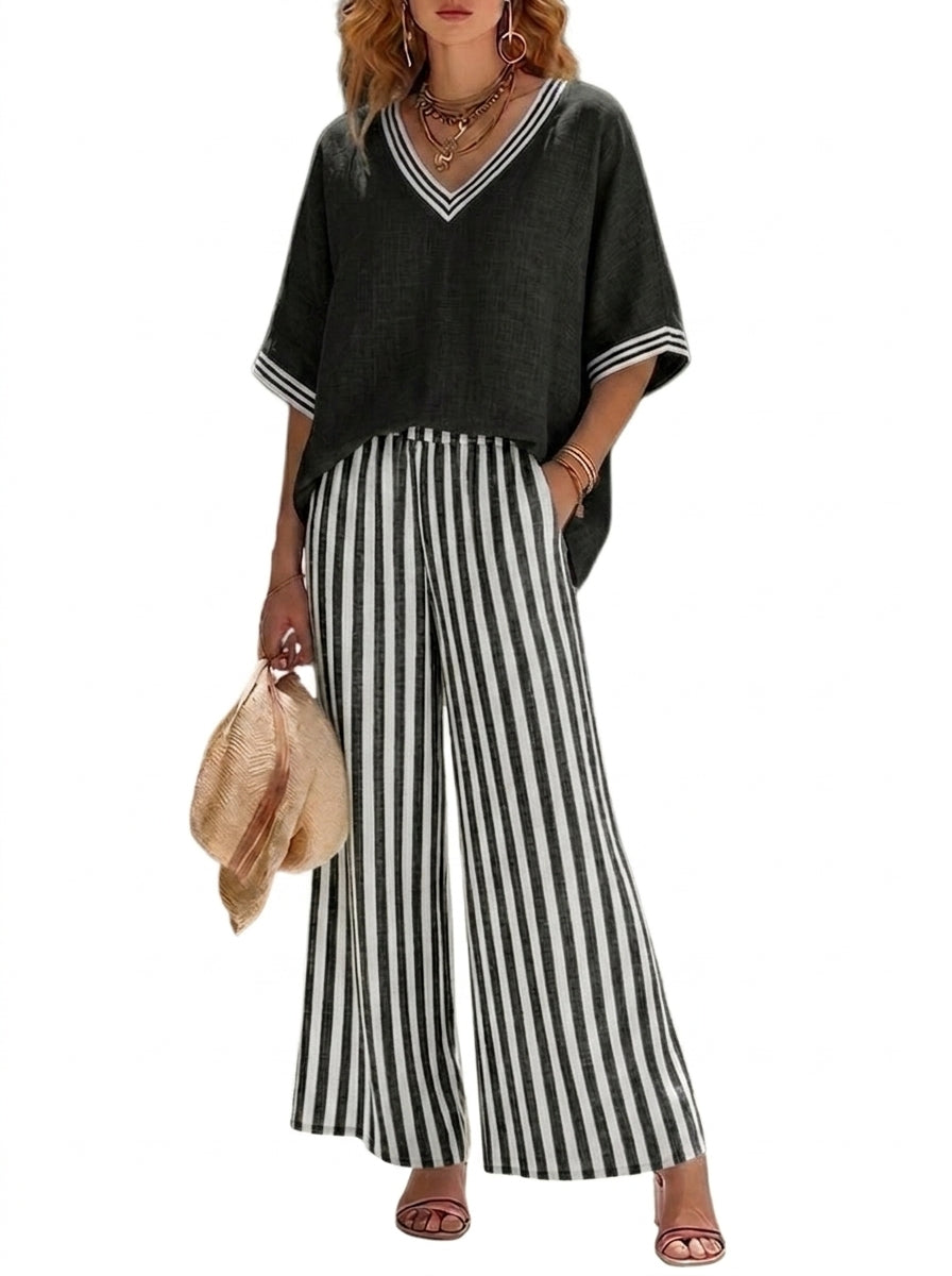Mujer Conjunto de blusa con cuello en V y pantalones de pernera ancha con patrón de rayas-Sets for women-Casaluzia