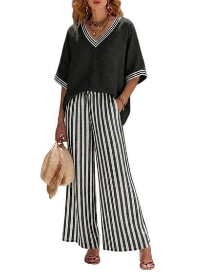 Mujer Conjunto de blusa con cuello en V y pantalones de pernera ancha con patrón de rayas-Sets for women-Casaluzia
