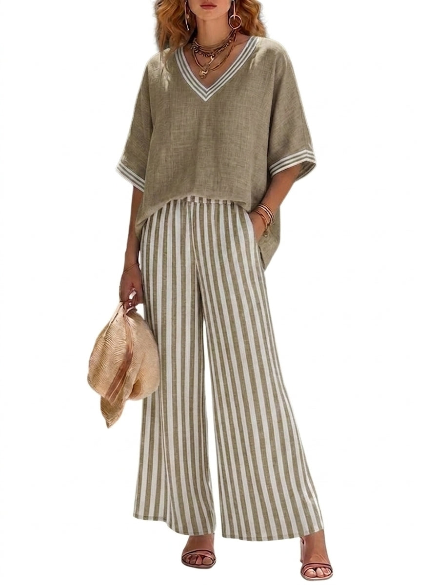 Mujer Conjunto de blusa con cuello en V y pantalones de pernera ancha con patrón de rayas-Sets for women-Casaluzia