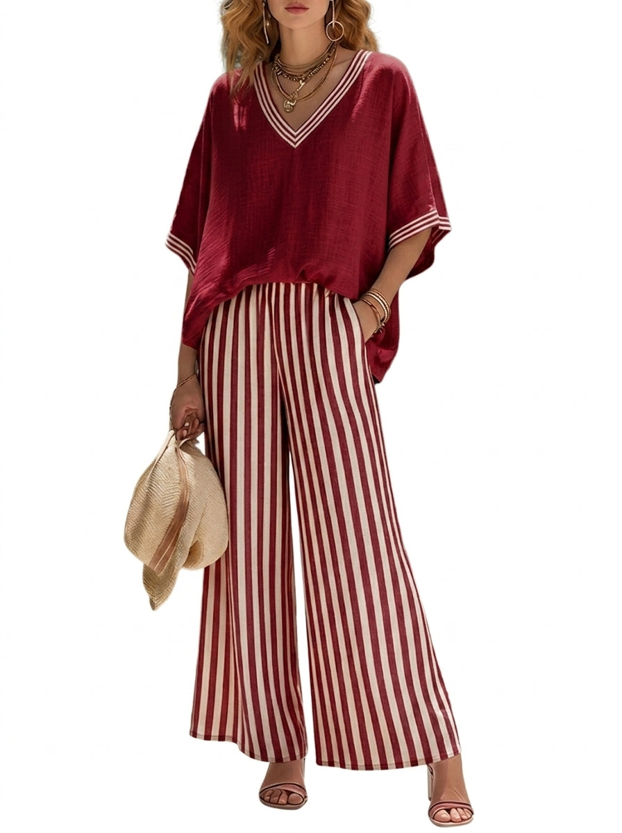 Mujer Conjunto de blusa con cuello en V y pantalones de pernera ancha con patrón de rayas-Sets for women-Casaluzia