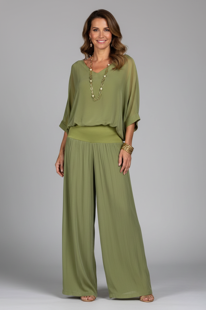 Mujer Conjunto de Blusa con Escote en V y Pantalones de Pernera Ancha-Sets for women-Casaluzia