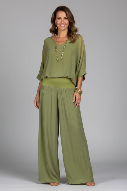 Mujer Conjunto de Blusa con Escote en V y Pantalones de Pernera Ancha-Sets for women-Casaluzia