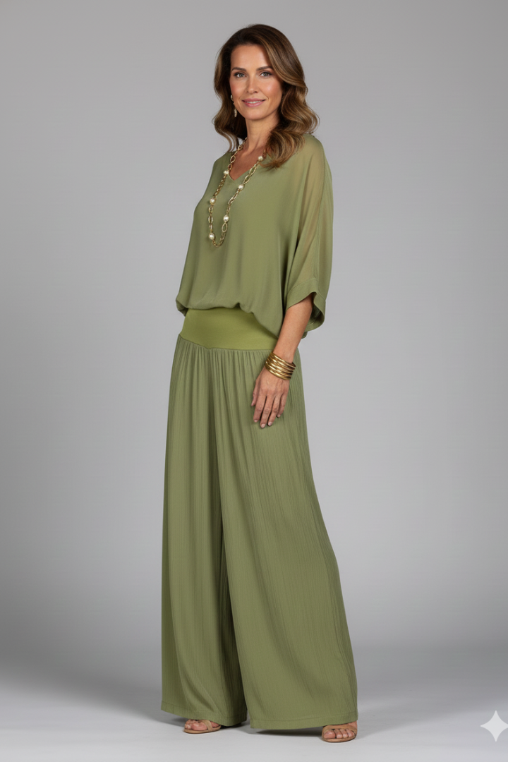 Mujer Conjunto de Blusa con Escote en V y Pantalones de Pernera Ancha-Sets for women-Casaluzia