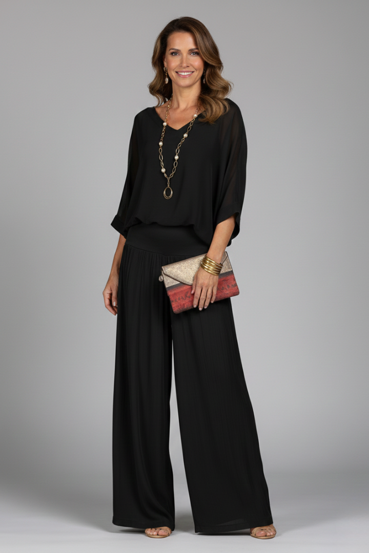 Mujer Conjunto de Blusa con Escote en V y Pantalones de Pernera Ancha-Sets for women-Casaluzia