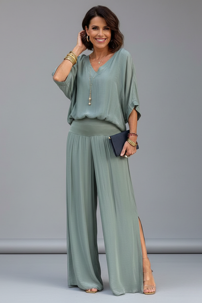 Mujer Conjunto de Blusa con Escote en V y Pantalones de Pernera Ancha-Sets for women-Casaluzia