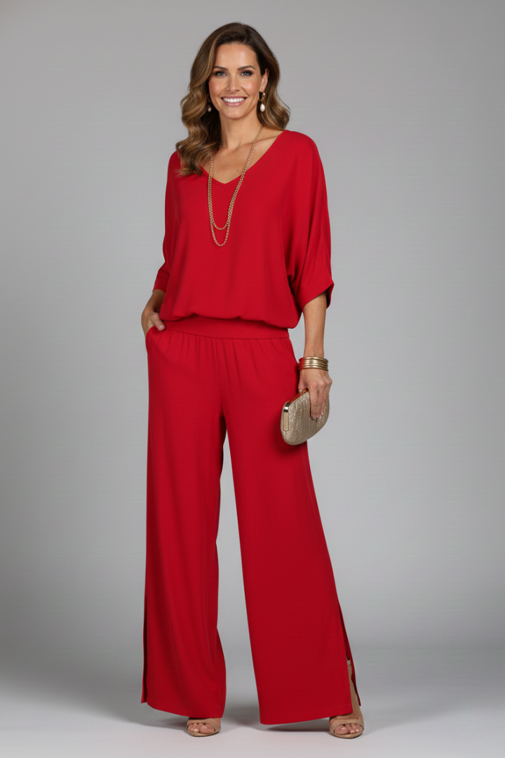 Mujer Conjunto de Blusa con Escote en V y Pantalones de Pernera Ancha-Sets for women-Casaluzia