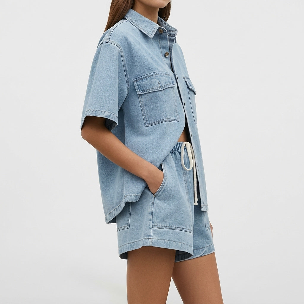 Mujer Conjunto de camisa de manga corta y pantalones cortos con bolsillos de parche-Sets for women-Casaluzia
