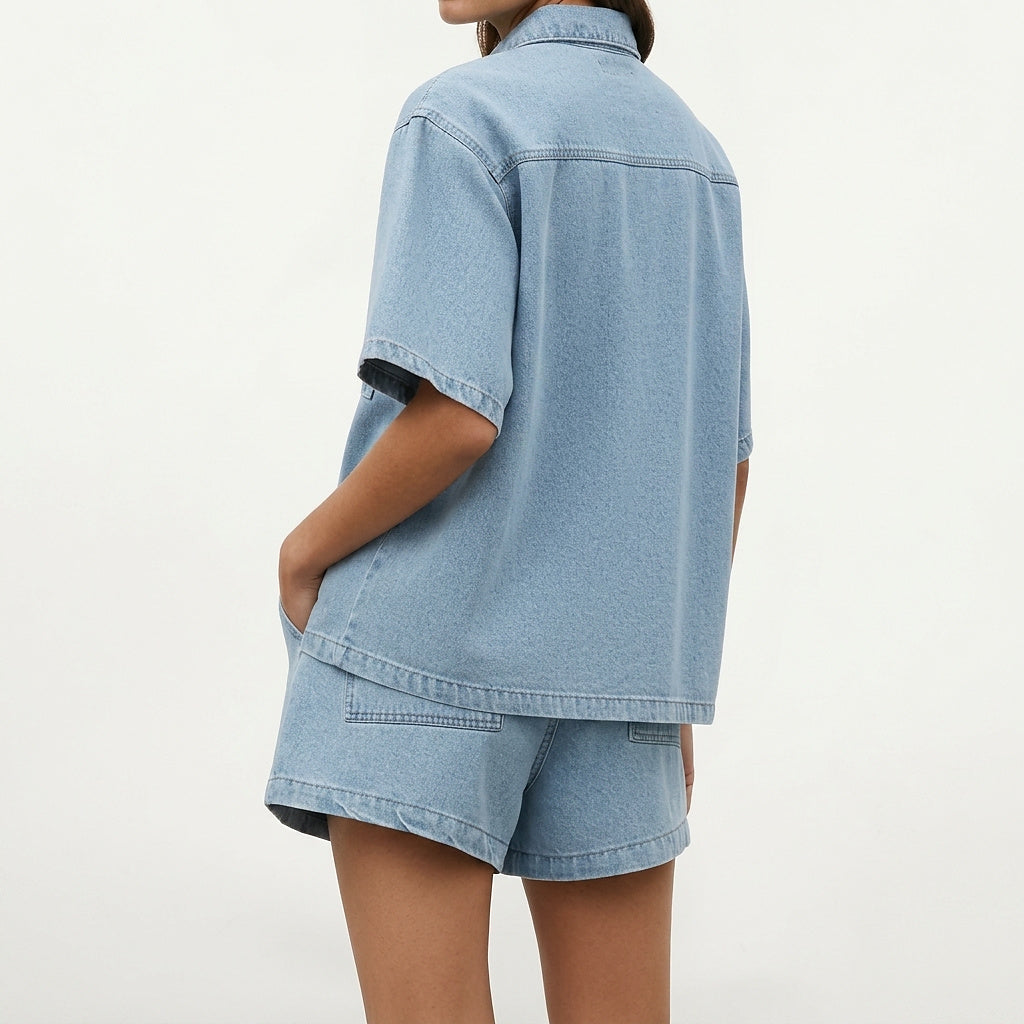 Mujer Conjunto de camisa de manga corta y pantalones cortos con bolsillos de parche-Sets for women-Casaluzia